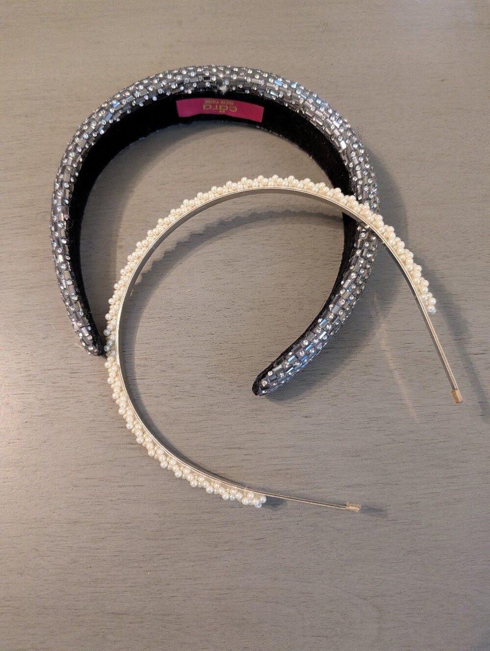 Crystal-Embellished Black Padded Headband & Pearl-Trim Silver Band